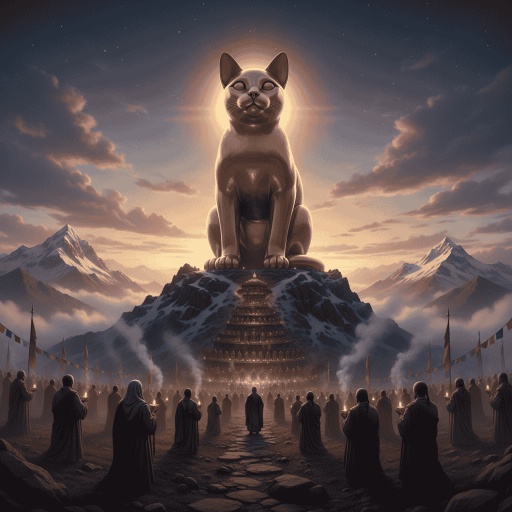 A giant golden cat statue on a mountain peak.