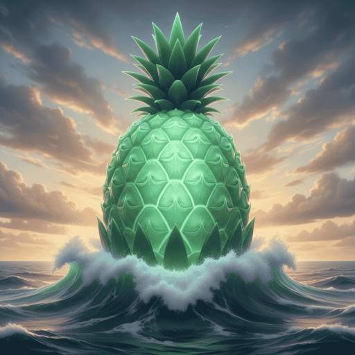 A giant jade pineapple statue emerging from the ocean.