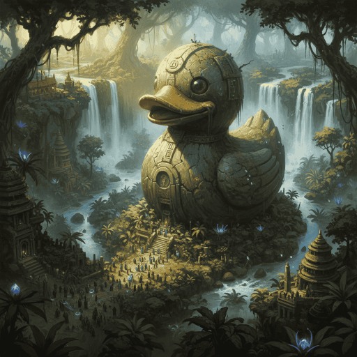 A giant stone rubber duck statue in a jungle.