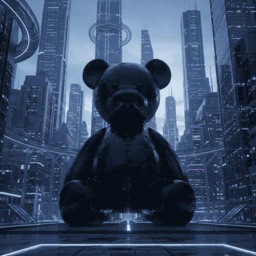 A giant obsidian teddy bear statue in a futuristic city.