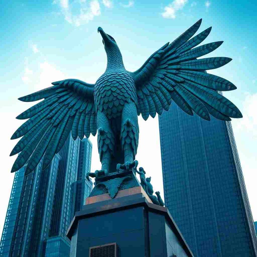 A giant bronze eagle statue atop a skyscraper.