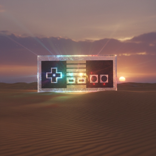A giant crystal video game controller in a desert.