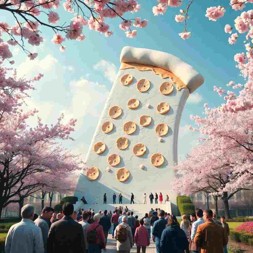 A giant marble pizza slice statue in a cherry blossom garden.