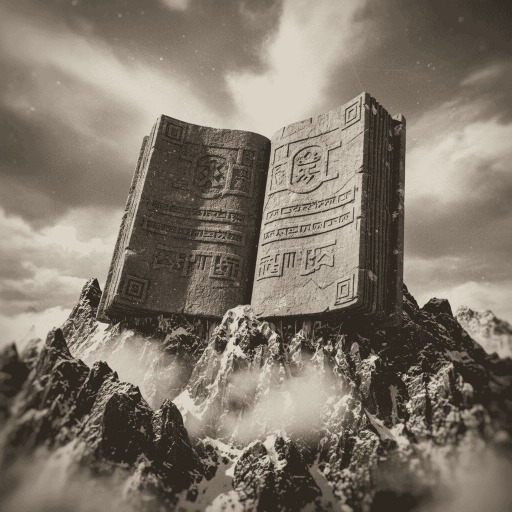 A giant stone book statue on a mountain peak.